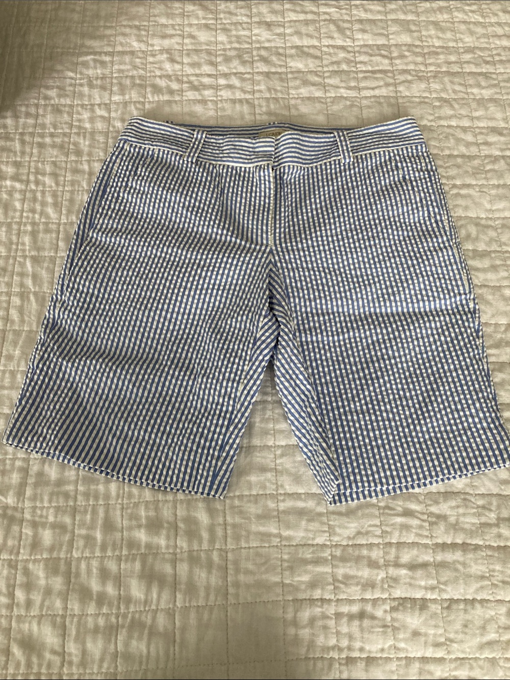 J. Crew Blue and White Striped Seersucker Flat-Front Shorts